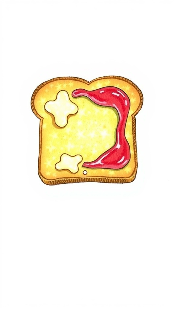 A simple drawing of toast with butter and jam on a light background.